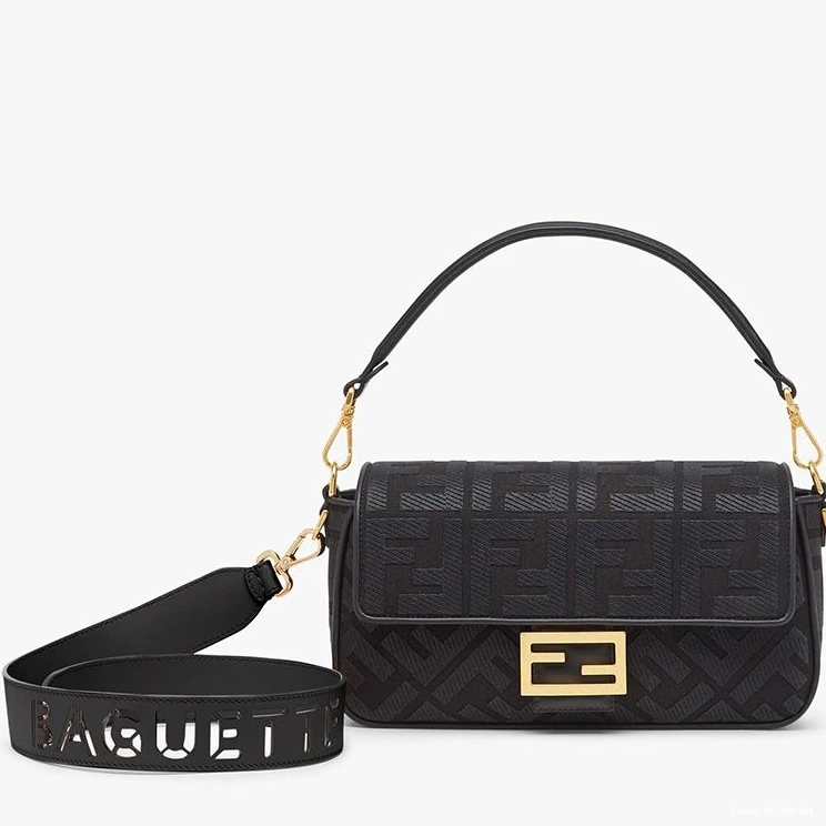 HOT In Canvas Strap Medium Bag Motif Black Cut with Laser Baguette Fendi FF 0725